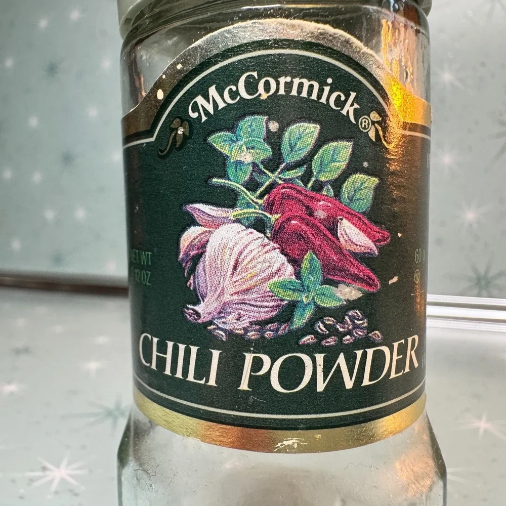 Vintage McCormick Chili Powder Jar Green Label & Lid Glass Spice Bottle Kitchen